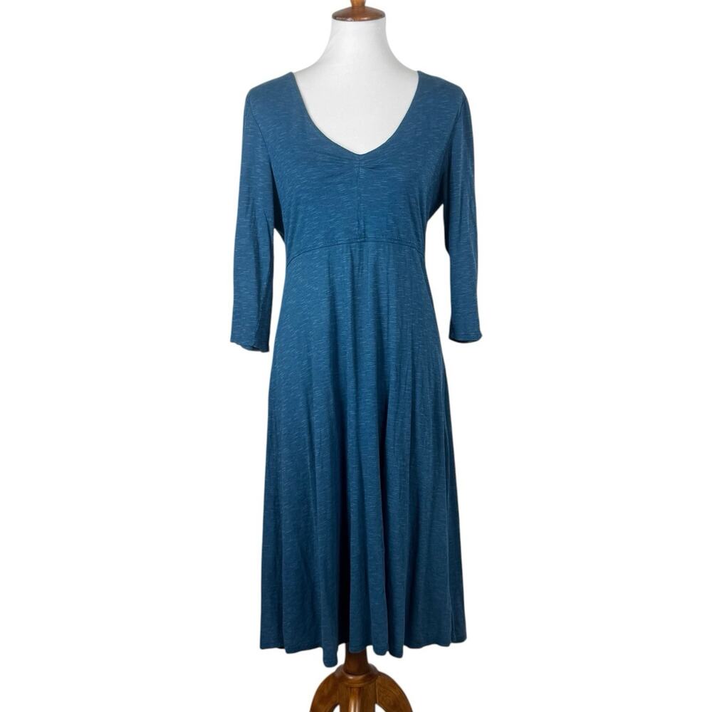 Toad&Co Womens Medium Blue V-Neck Fit & Flare Midi Dress Organic Cotton